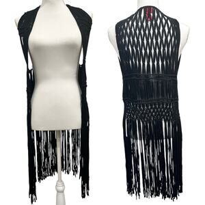 Daytrip VTG Y2K Black Macramé Fringe Vest Cardigan Boho Festival Hippie Retro